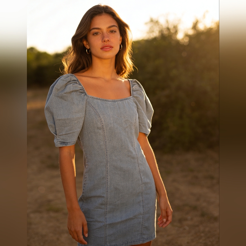 Square Neck Puff Sleeve Denim Dress - Light Blue